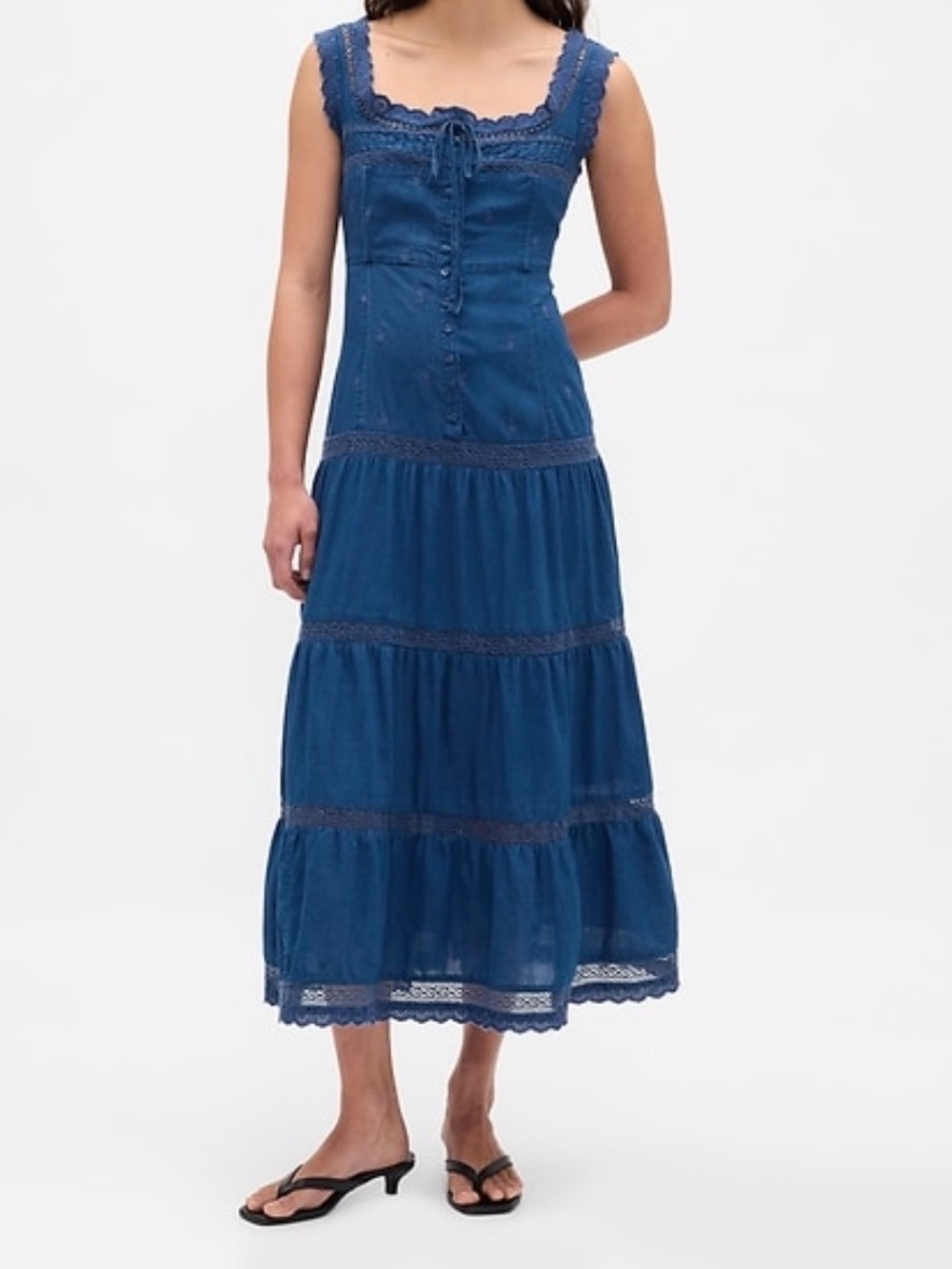 GAP Navy Sleeveless Lace trim  tiered midi dress , Sz S , New